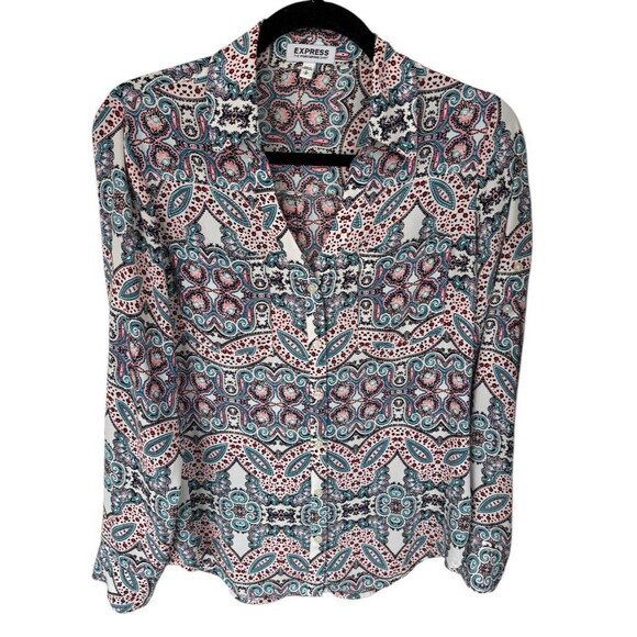 Express Portofino Shirt Women’s Size Small Multicolor Printed Roll Tab‎ Sleeve - Picture 1 of 3